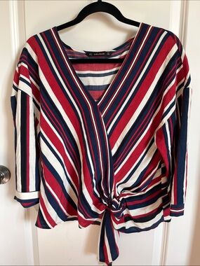 Zara Red Navy White Striped Tie-Knot Blouse